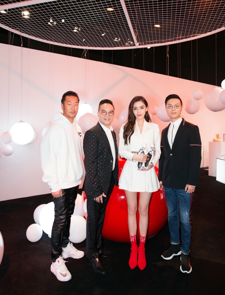 设计师拉斐尔.杨、代言人Angelababy、红蜻蜓集团董事长钱金波、红蜻蜓集团副总裁钱帆